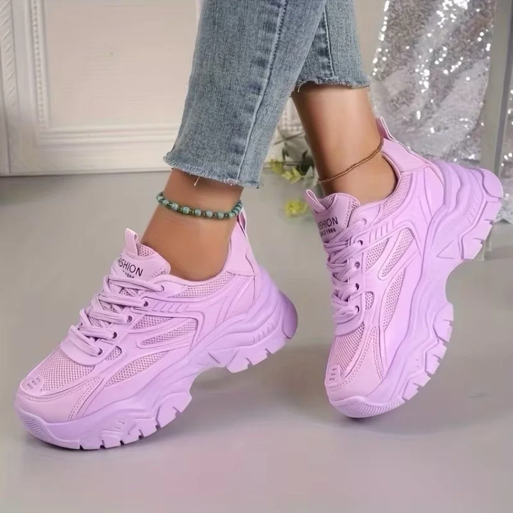 Purple Chunky Platform Sneakers W Thick -Slip Sole, Height Increase & Cushioned